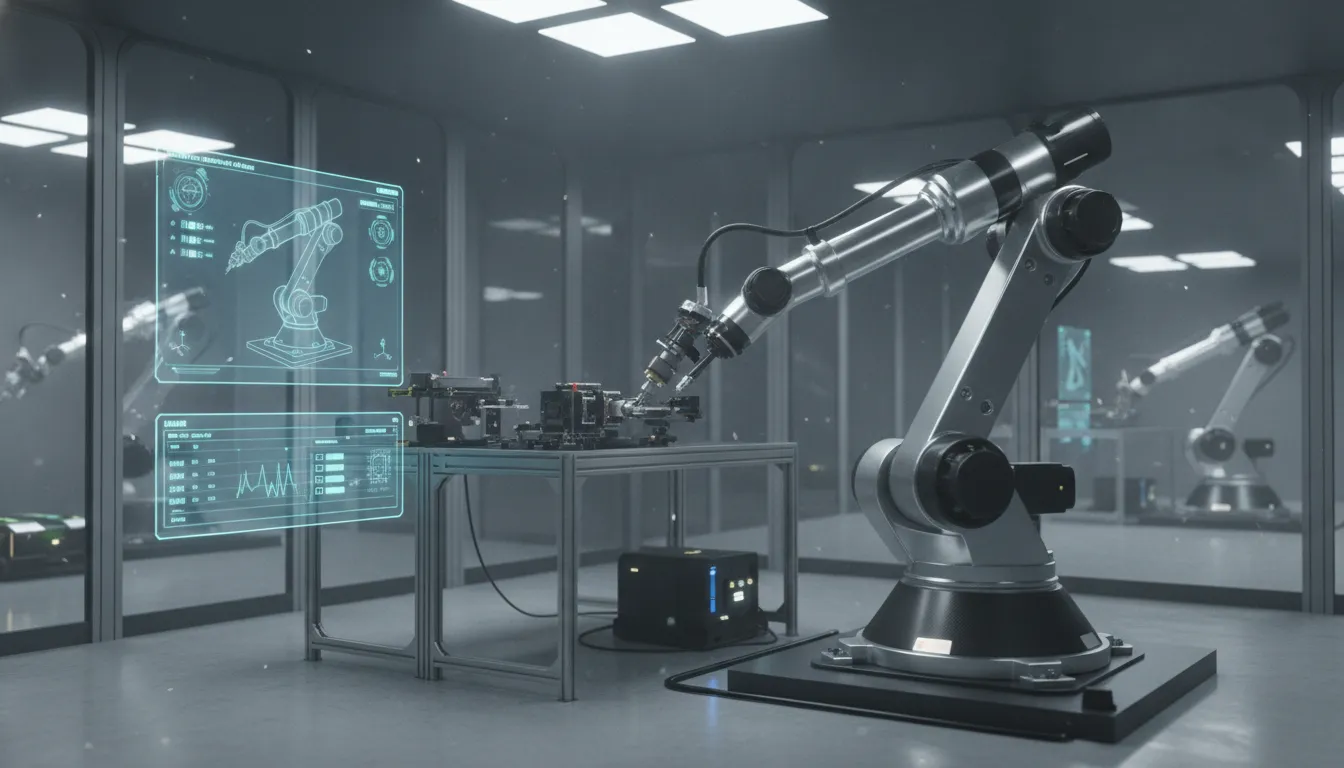 A photorealistic robot arm simulation rendering in NVIDIA Isaac Sim for corporate R&D training