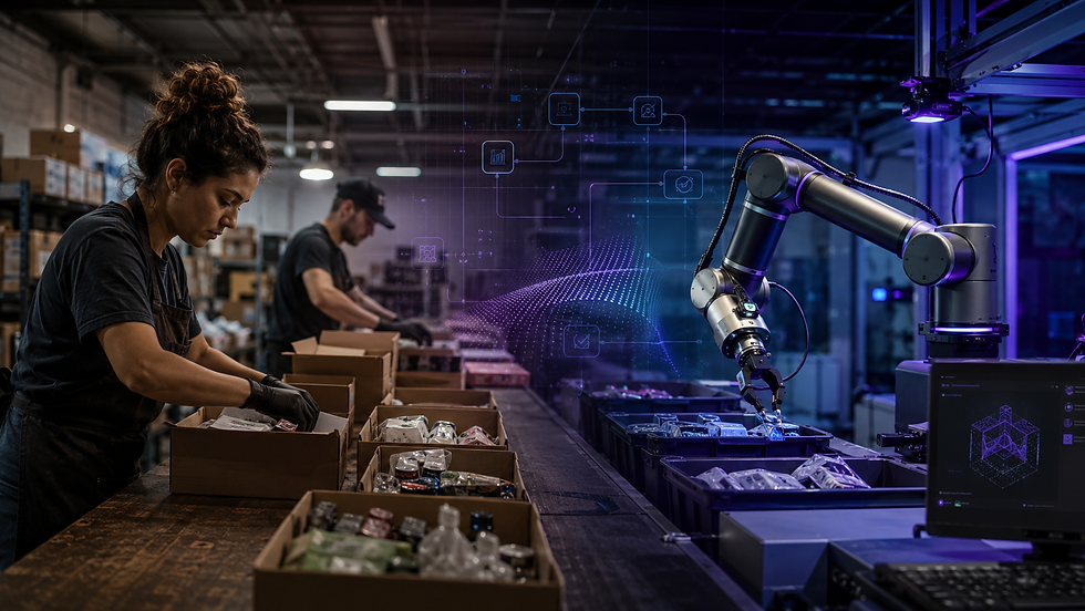 Manual workers packing and sorting items in a small industrial workspace as a robotic arm and AI workflow overlays show the transition from repetitive human labor to physical AI automation.