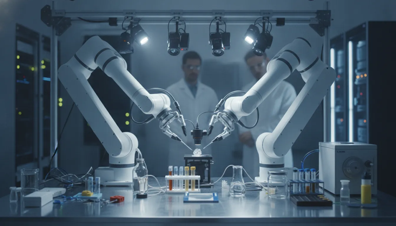 Researcher working with a dual-arm robotic manipulation system performing a coordinated bimanual task in a research laboratory