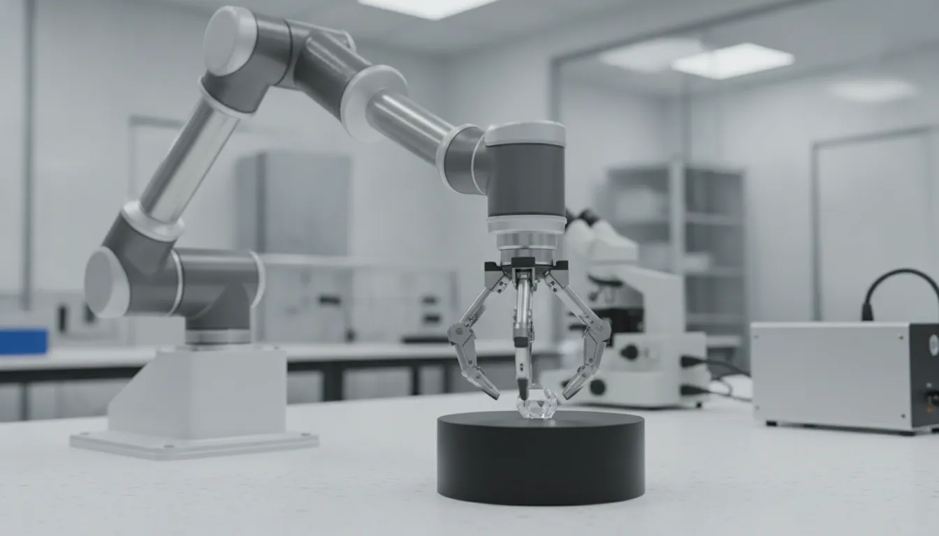 Research-grade robotic arm performing a manipulation task in a robotics lab