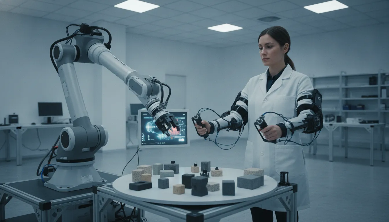 Robotics researcher using a leader-follower teleoperation setup to demonstrate manipulation tasks for robot learning data collection