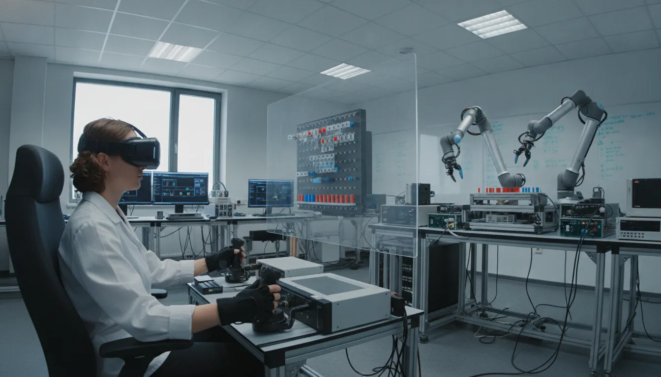 A researcher using a teleoperation setup to collect demonstration data for imitation learning in robotics