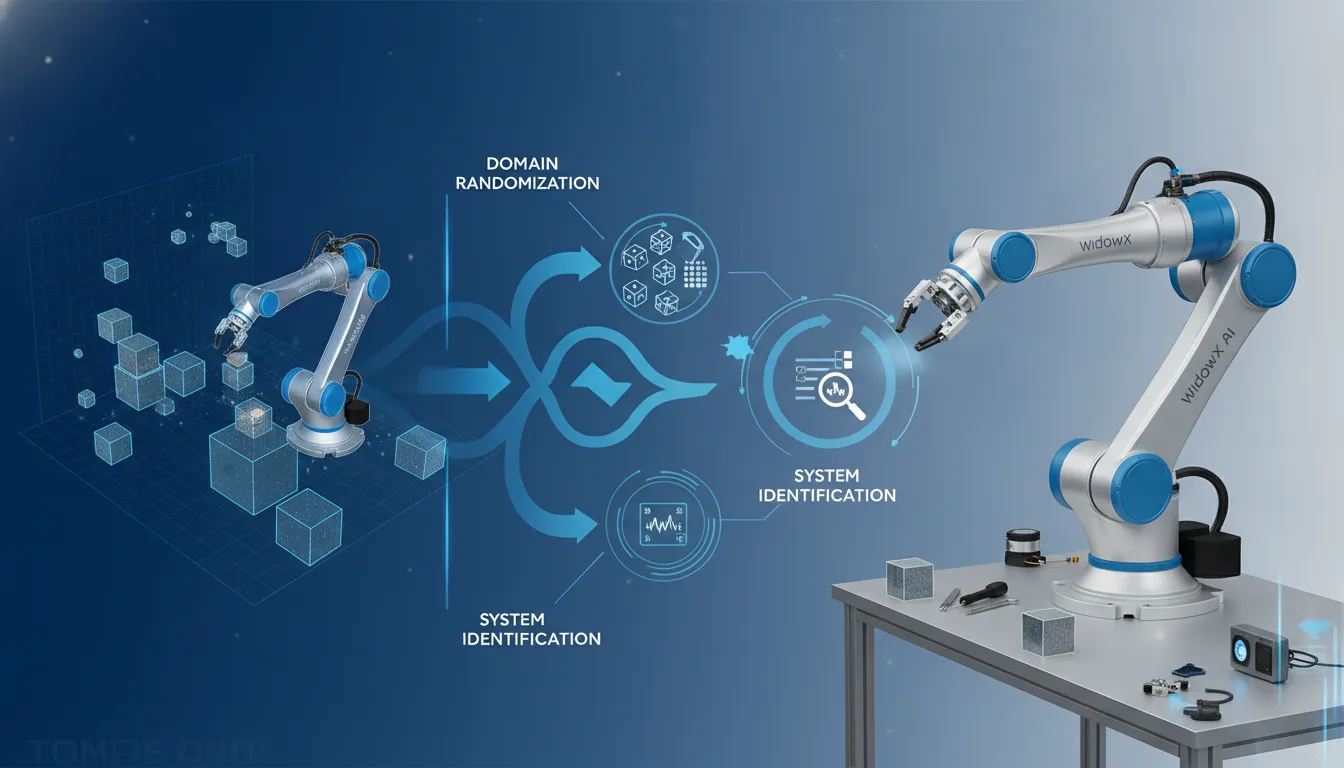 Technical diagram illustrating the sim-to-real robotics pipeline from digital simulation to physical WidowX AI robot arm deployment