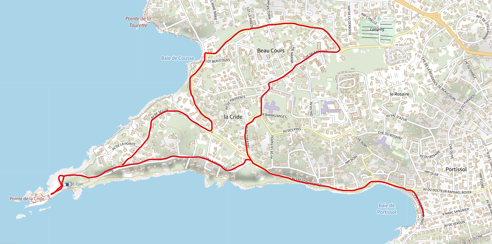 Tracé randonnée Sanary sur Mer randonnée pointe de la crie et baie de cousse en région Provence Alpes Côte d'Azur dans le Var Sud de la France