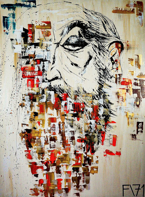 Grandfather living room brown artwork modern luxus interior loft painting gold black contemporary face art Picasso style grandfather