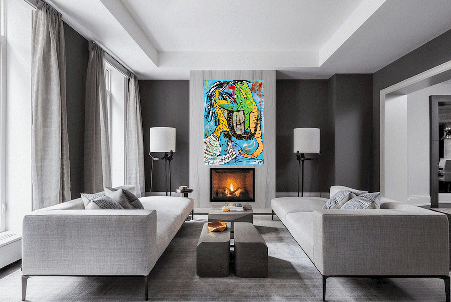 Hellmut artwork living room interior grey modern abstract online art shop new modern style interior design blue gold Picasso bansky style mamut green blue figurativ contemporary luxus loft style