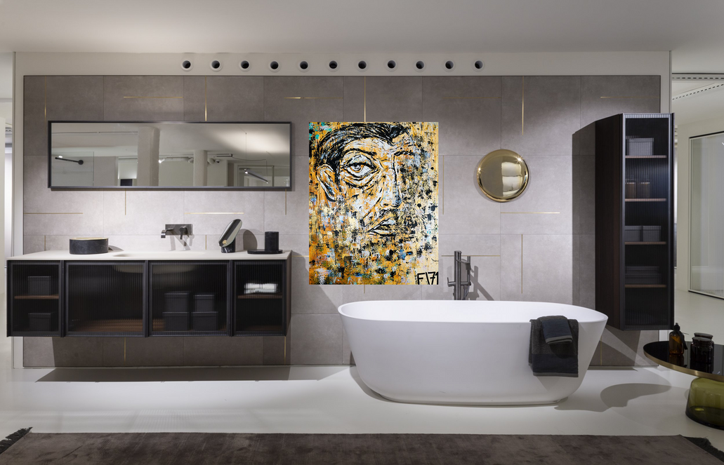 Salvador Dali modernes weißes Interior Design artwork modern new decoration spray gold brown online artwork shop Modern minimalist livingroom interior with teal sofa artwork online shop decoration art bedroom Picasso gold face 