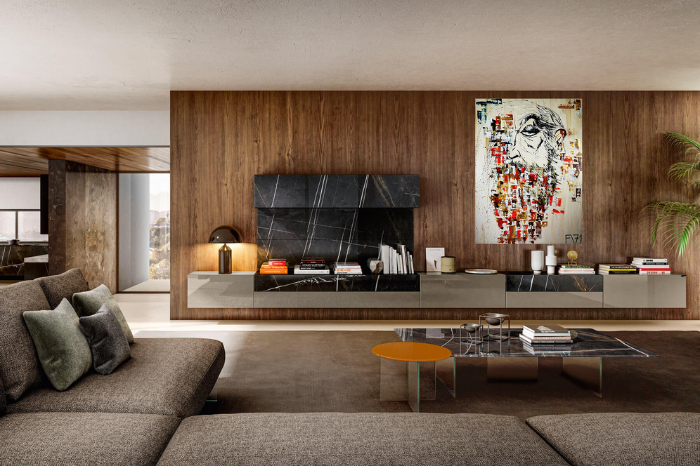 Grandfather living room brown artwork modern luxus interior loft painting gold black contemporary face art Picasso style grandfather