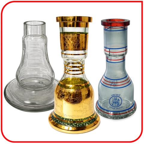 glass shisha vase and hookah base available in multiple colours, patterns, and styles for shisha and hookah setups.