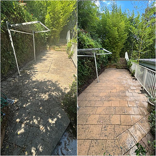 Pressure washed patio with pavers cleaned of grime and moss – Sydney backyard restoration.