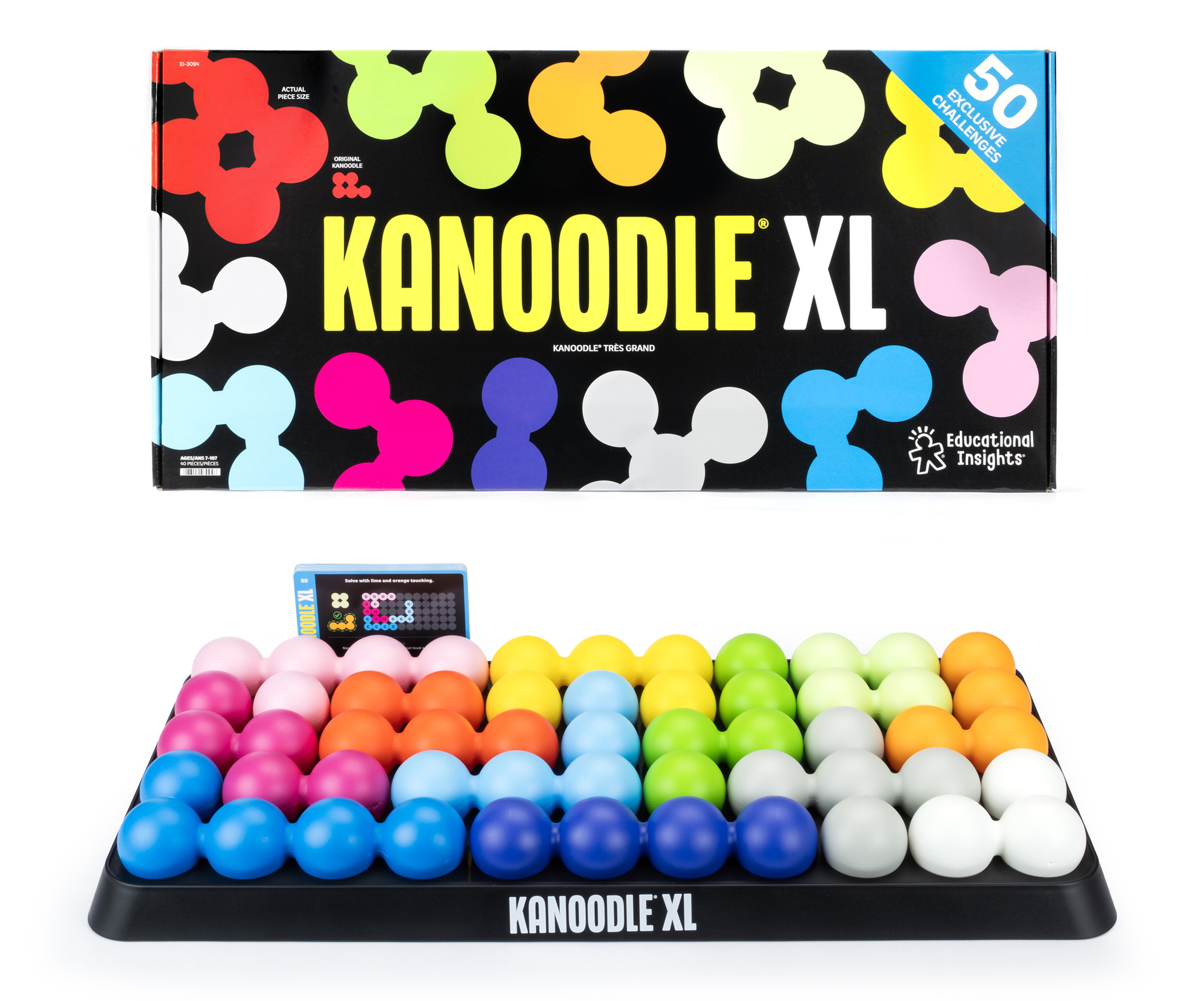 Kanoodle product package with Kanoodle XL across the front of the box. A 30-inch board filled with Kanoodle pieces sits in front of the box.