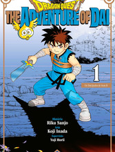 "Capa do mangá Dragon Quest - The Adventure of Dai, Volume 01, edição brasileira da Editora JBC. A imagem mostra o protagonista Dai, um jovem de cabelos espetados, sorrindo e segurando uma espada com as duas mãos, pronto para a aventura. Ao fundo, seus companheiros Popp e Maam, além do pequeno monstro Gome. O logo 'Dragon Quest' está no topo em destaque, com 'The Adventure of Dai' logo abaixo."