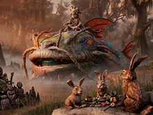 Captura de tela do jogo South of Midnight mostrando a direção de arte e criaturas.