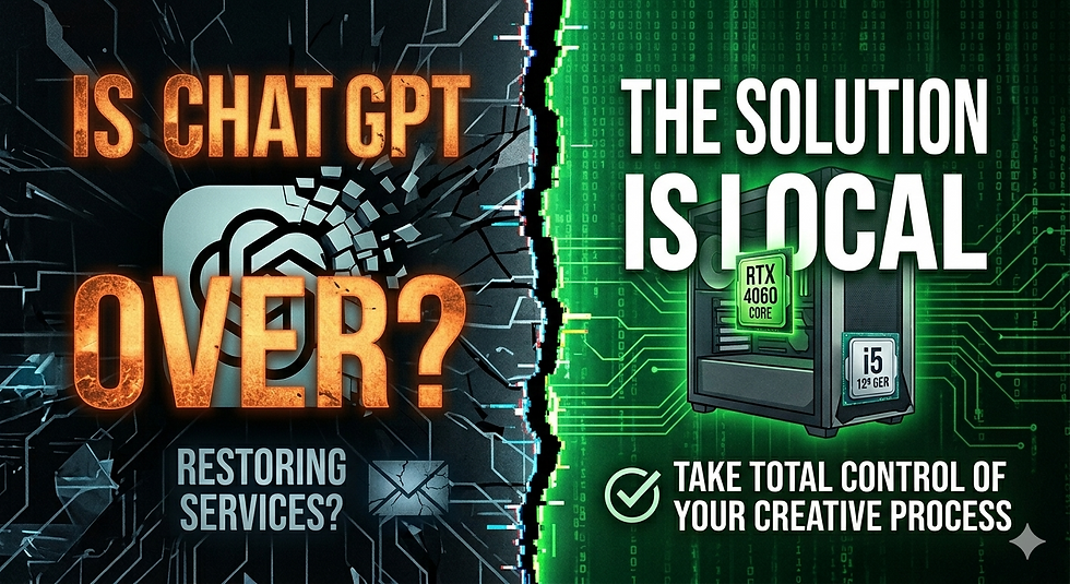"Infographic comparing the OpenAI ChatGPT crisis with a shattered logo vs a stable local PC build featuring RTX 4060 and Intel i5 for local AI processing."
