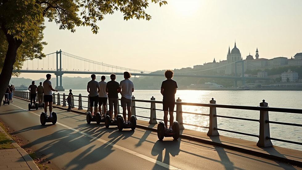 High angle view of a Segway tour group passing by the Danube River in Budapest
