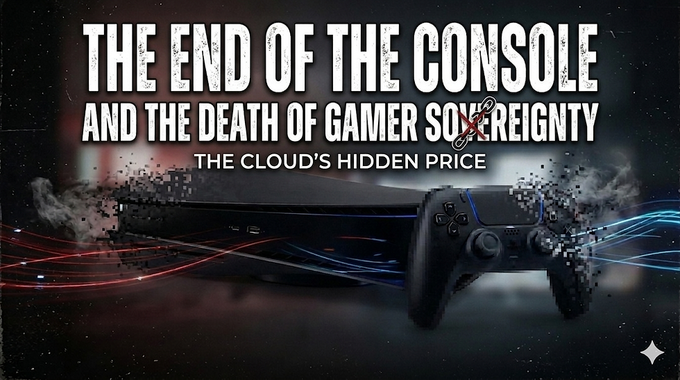A cover image with a dark, technological aesthetic. In the center, a modern, dark video game console appears disintegrating into pixels and smoke, symbolizing the transition to the cloud. The background is dark with bright blue and red data lines. At the top, the text in large white letters reads: "THE END OF THE CONSOLE AND THE DEATH OF GAMER SOVEREIGNTY," followed by the smaller subtitle "THE HIDDEN PRICE OF THE CLOUD."