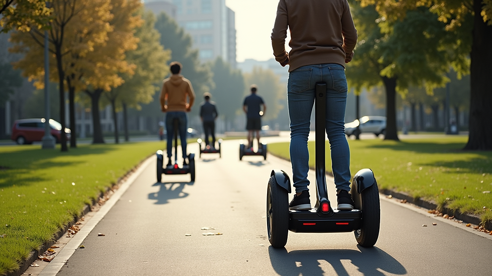 High angle view of a Segway tour group moving along a smooth city path