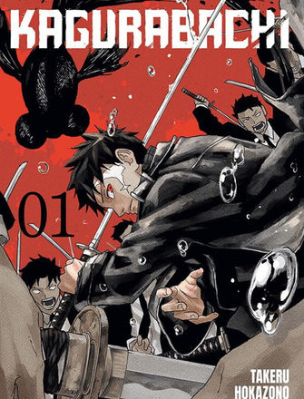 "Capa do Volume 01 do mangá Kagurabachi, de Takeru Hokazono. A imagem apresenta o protagonista Chihiro Rokuhira em uma pose imponente, segurando sua katana encantada. Ele possui uma cicatriz distinta no rosto e um olhar focado. Ao redor da lâmina da espada, destacam-se peixes goldfish (peixinhos dourados) mágicos que parecem flutuar em um rastro de energia negra e vermelha. O fundo é escuro, reforçando o tom sério e cinematográfico da obra. O título 'Kagurabachi' aparece em destaque com tipografia estilizada."