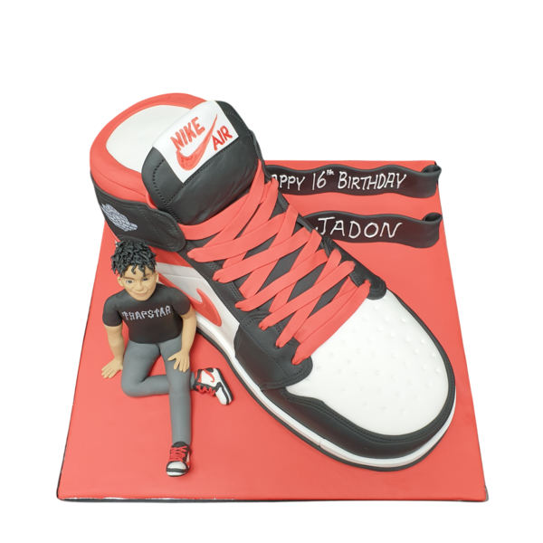 Bespoke Nike Air Jordan High Top Trainer cake with detailed laces and logo, Solihull, West Midlands celebration.