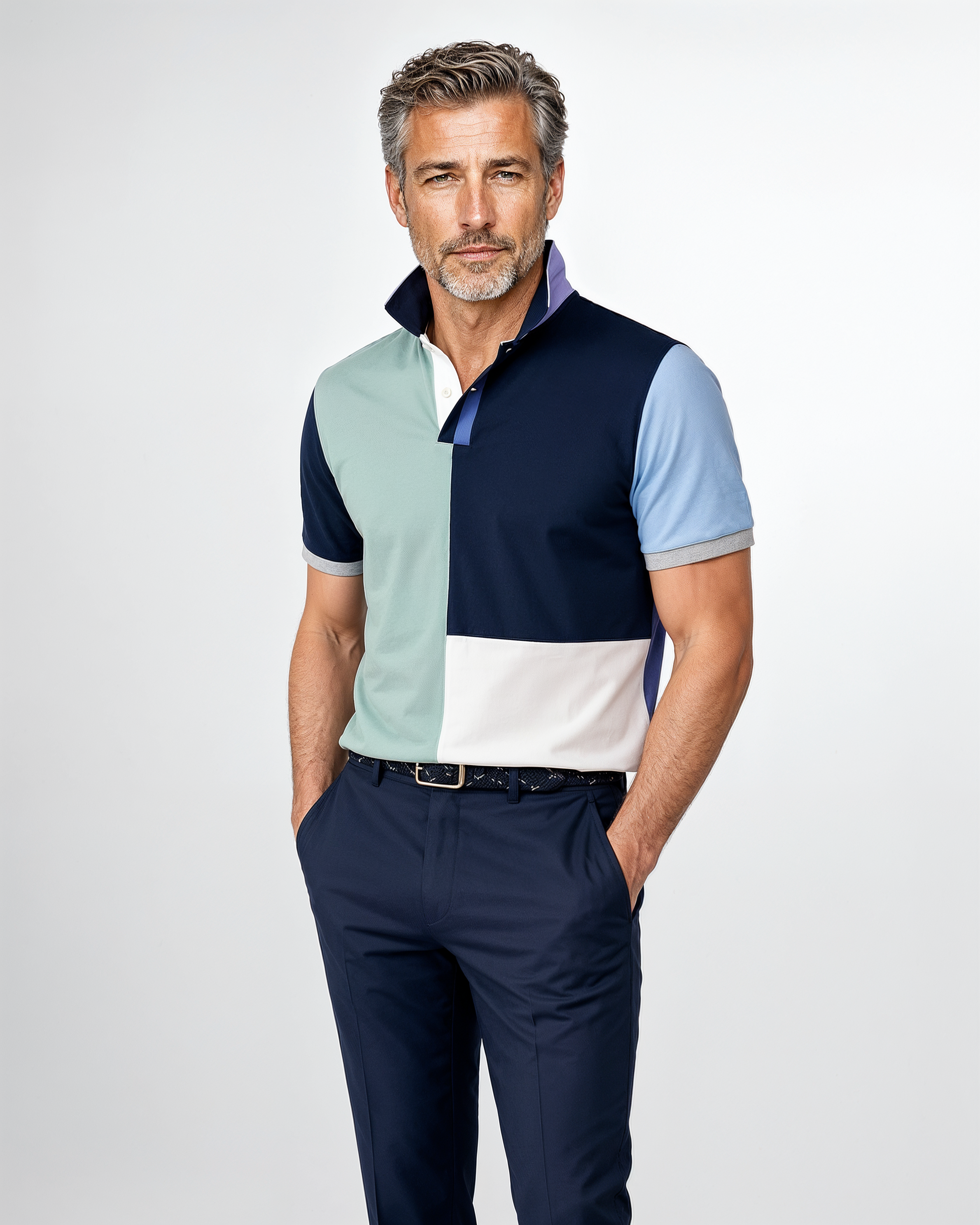 Lacivert motifli polo yaka erkek t-shirt kombinli görünüm