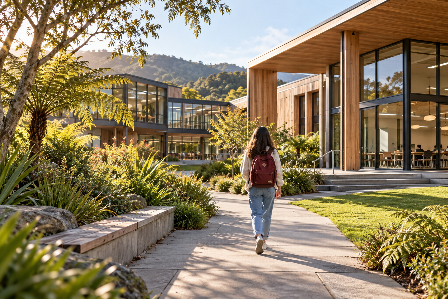 Rear-view student walking towards a New Zealand-inspired campus classroom