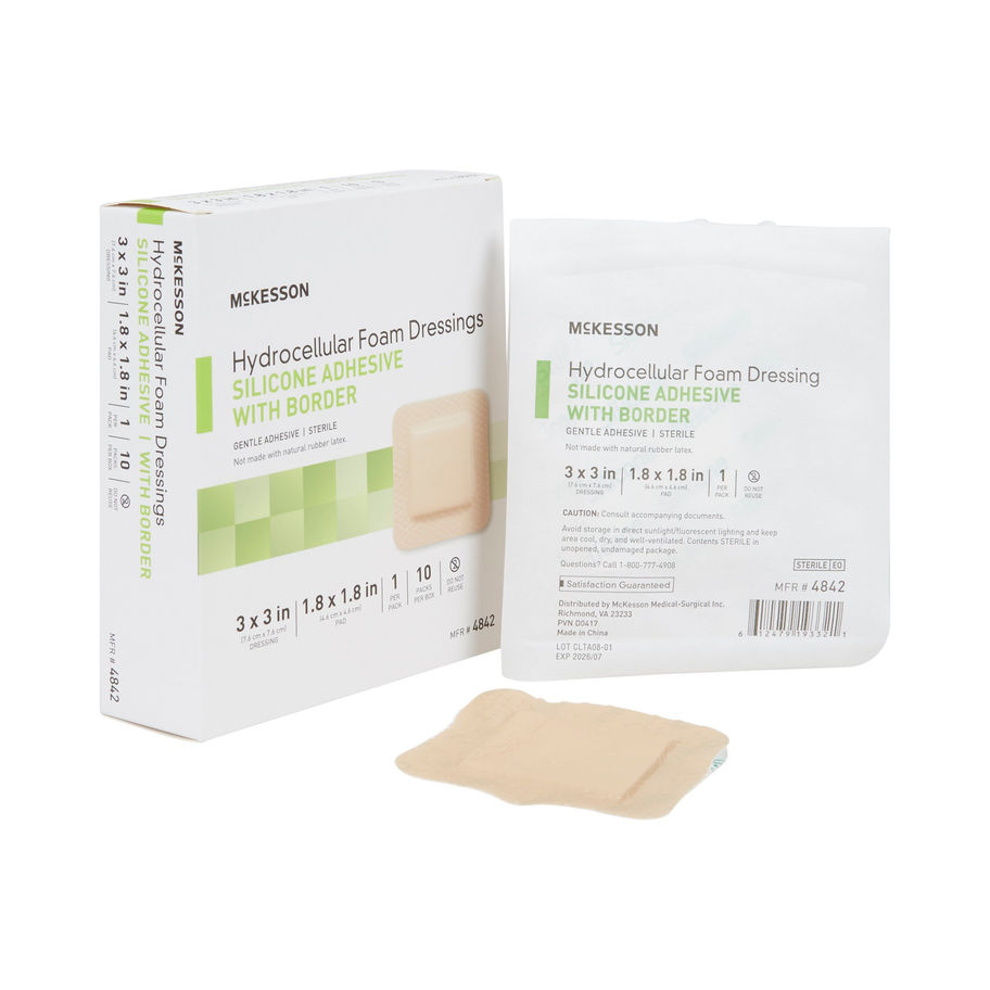 McKesson Silicone Adhesive with Border Silicone Foam Dressing, 3 x 3 Inch - MCK-886431_ppkgleft2.jpg