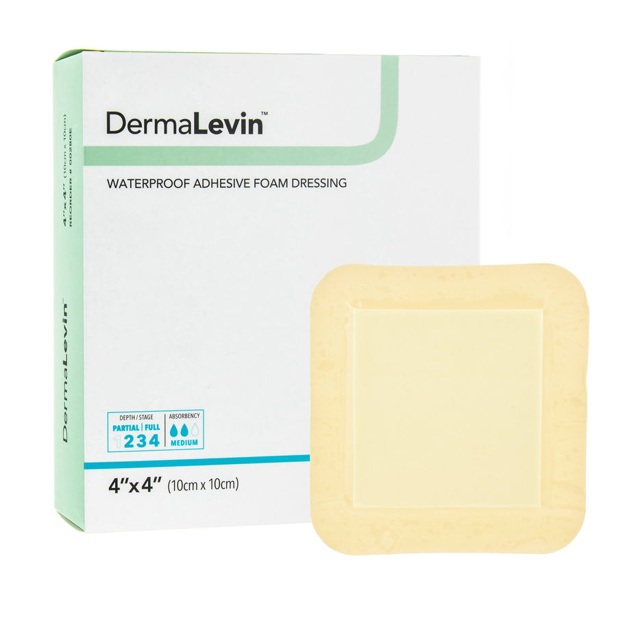 DermaLevin® Adhesive with Border Foam Dressing, 4 x 4 Inch - MCK-896849_ppkgleft.jpg