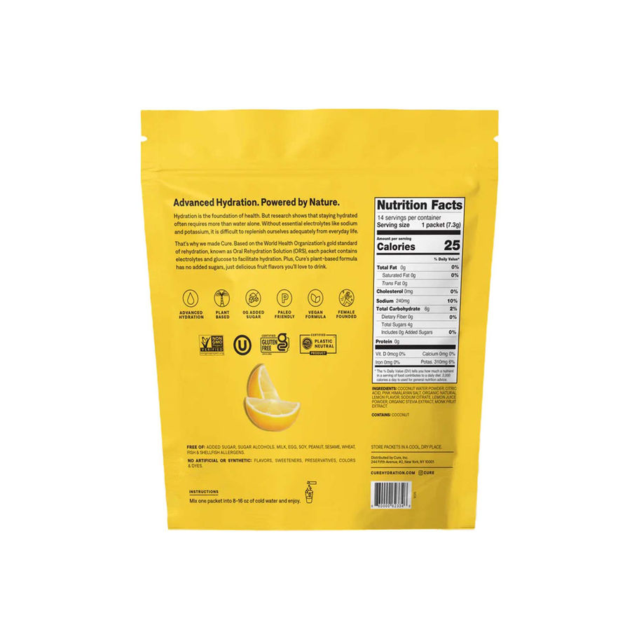 Cure Electrolyte Drink Mix made with Coconut Water, Lemonade, 7.7-gram Packets - MCK-1256708_pkgback.jpg