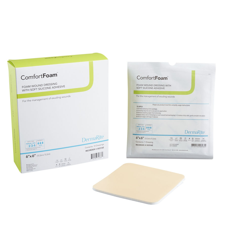 ComfortFoam™ Silicone Adhesive without Border Silicone Foam Dressing, 6 x 6 Inch - MCK-835614_ppkgleft.jpg