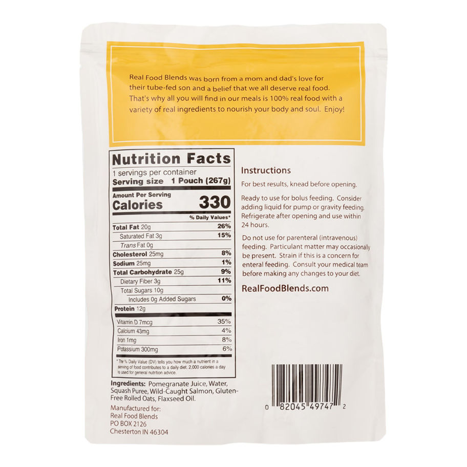 Real Food Blends™ Salmon, Oats & Squash Puree for Tube Feeding, 9.4-ounce pouch - MCK-979851_pkgback.jpg