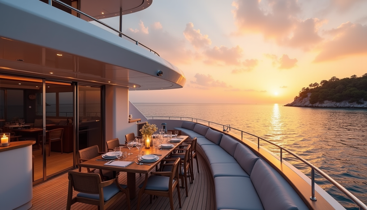 Close-up view of a luxury yacht deck set for a sunset dinner with tropical island in background