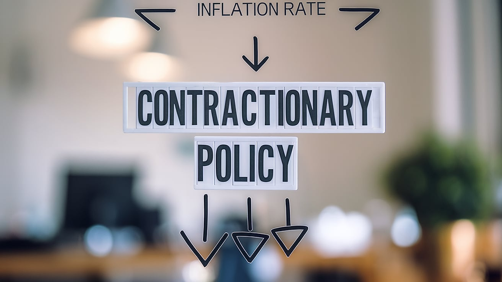 "CONTRACTIONARY POLICY" sign with arrows under "INFLATION RATE" text. Blurred office background, conveying an economic theme.