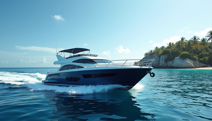 High angle view of a Bluegame yacht cruising through calm blue waters near an island