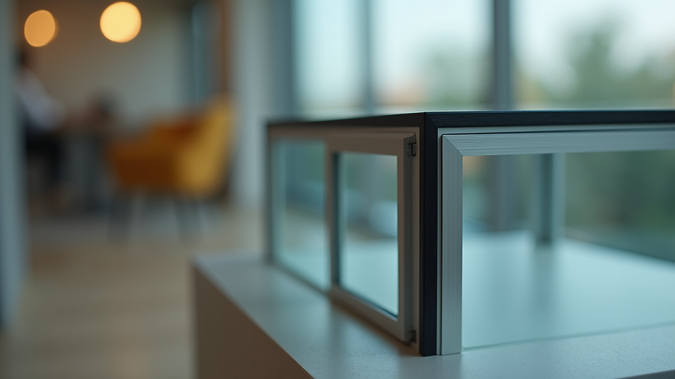 Close-up view of custom aluminum glass frame with a matte finish