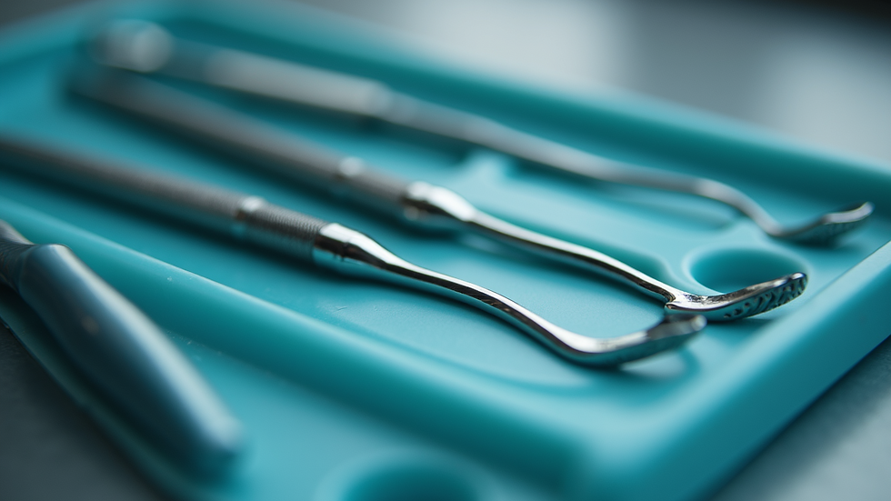 Close-up view of dental instruments on a tray ready for use