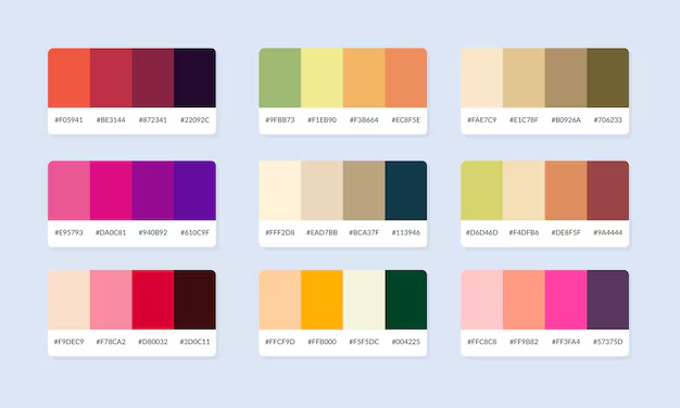 A collection of diverse color palettes showcasing rich and varied tones, from vibrant pinks and purples to earthy greens and browns, each labeled with its respective hex code for easy reference in design projects.