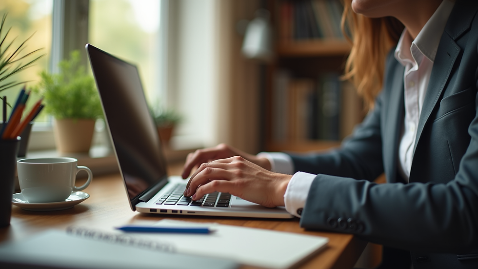 Eye-level view of a person working on a laptop in a cozy home office