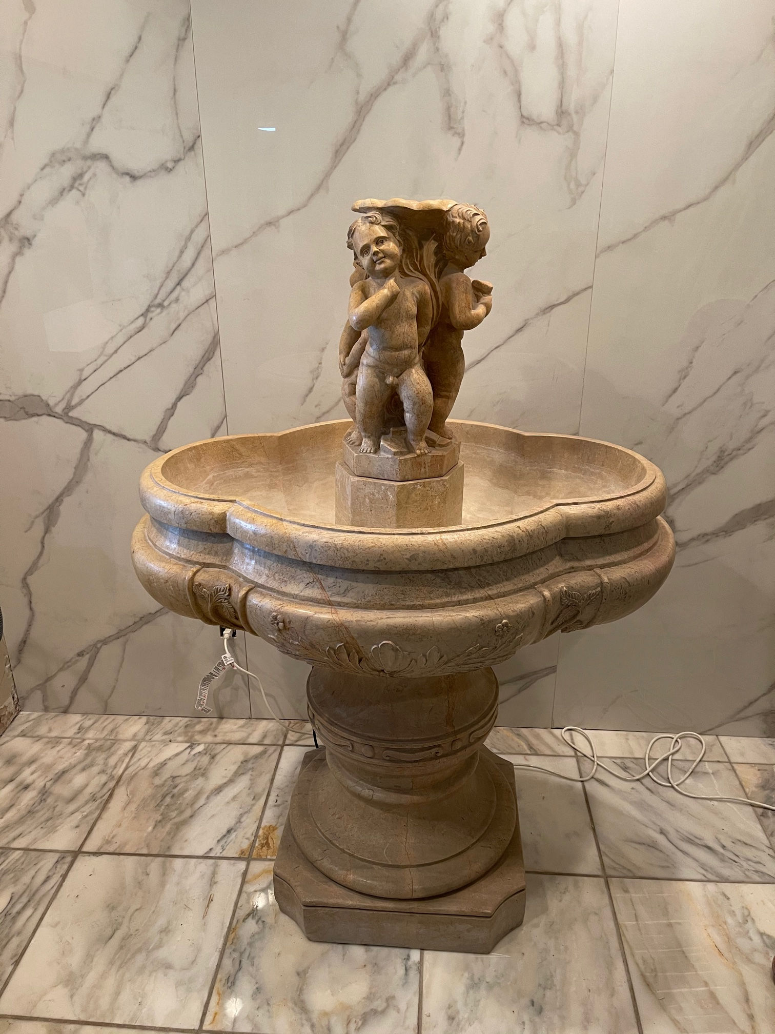 Ornate Travertine Fountain with Cherubs