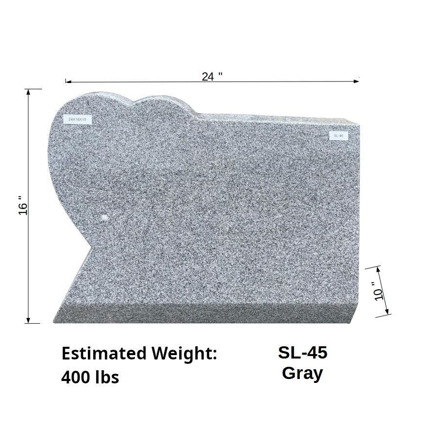 Gray Heart Granite Slant Headstone Monument 24x16x10 SL-45 Dimensions Photo