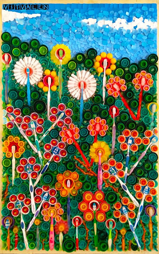 arte, art, arte sustentável, sustentabilidade, reciclagem, meio ambiente, vitvalen, arte reciclada, recycle, planeta, embalagens, reuso, mudanças climáticas, aquecimento global, paineis reciclados, sucatas, sucata, transformação, flores, escovas de dente, plastico, floresta,Flores - Tampas de garrafas pet, embalagens de limpeza, escovas de dente - 100 x 65