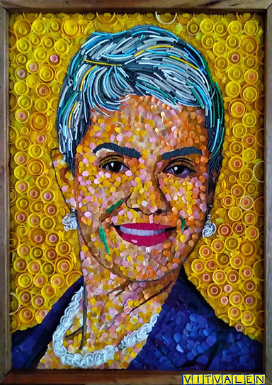 arte, art, arte sustentável, sustentabilidade, reciclagem, meio ambiente, vitvalen, arte reciclada, recycle, planeta, embalagens, reuso, mudanças climáticas, aquecimento global, paineis reciclados, sucatas, sucata, transformação, sandra santana, vereadora, quadro, painel, retrato, pintura, rosto, tampas, fios, plásticos