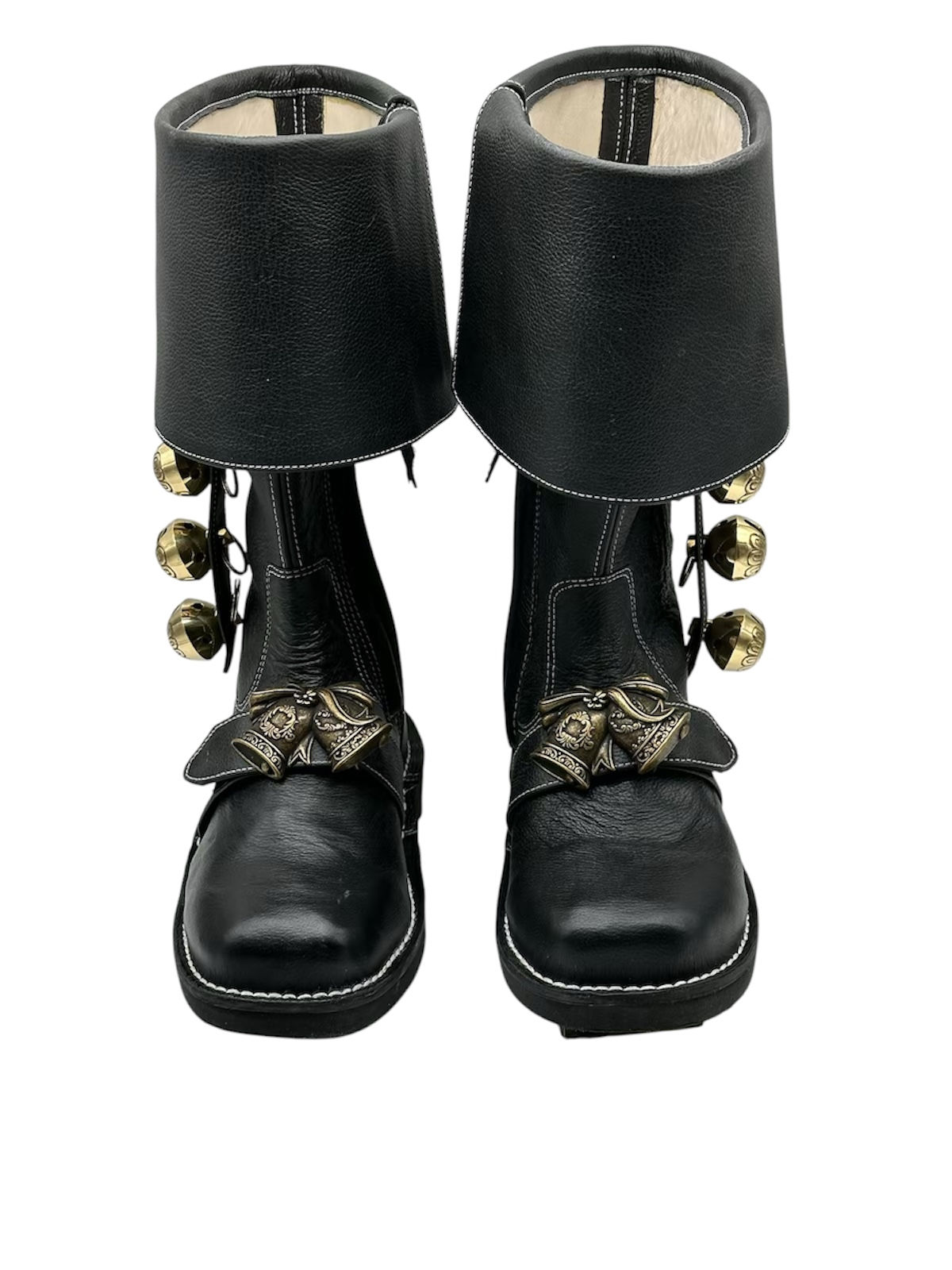 Custom Leather Santa Boots with White Thread and Brass Bells