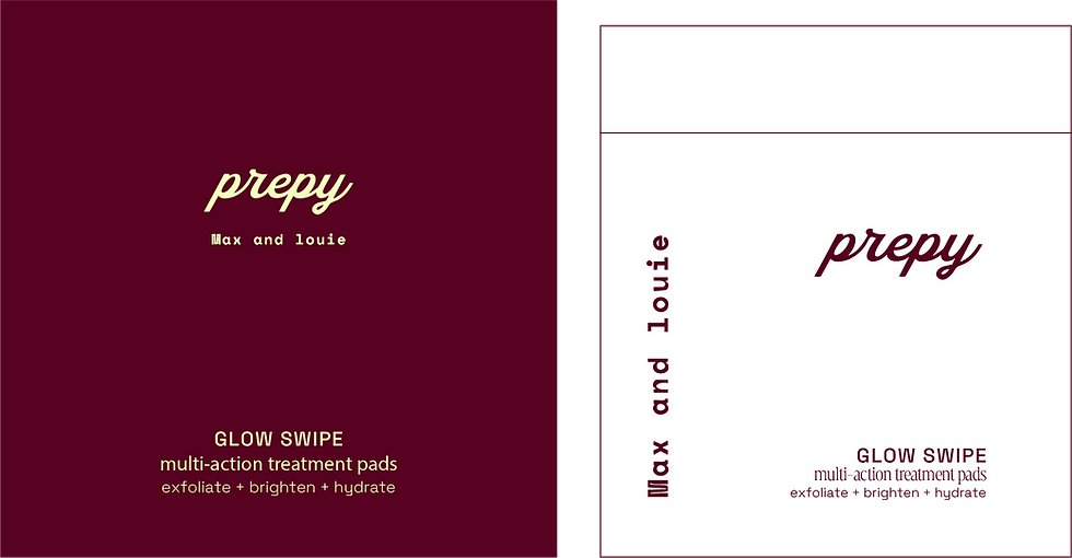 The Max and Louie Prepy Glow Swipe skincare pads, specifically highlighting the exfoliate, brighten, and hydrate benefits for smooth, radiant skin.