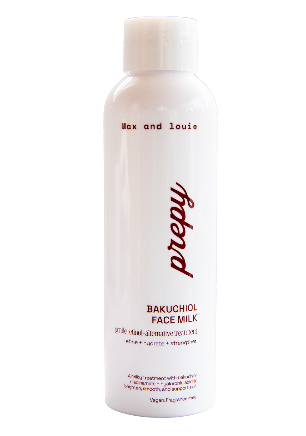 The Max and Louie Prepy Bakuchiol Face Milk, highlighting the primary hydrate benefit and its use as a gentle retinol-alternative to refine and brighten skin.