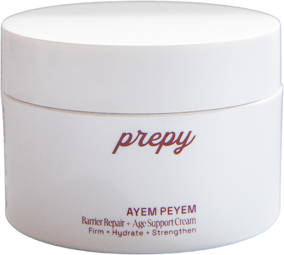 The Max and Louie Prepy Ayem Peyem Barrier Repair + Age Support Cream, specifically highlighting the main protect benefit for sensitive and aging skin to strengthen and hydrate.