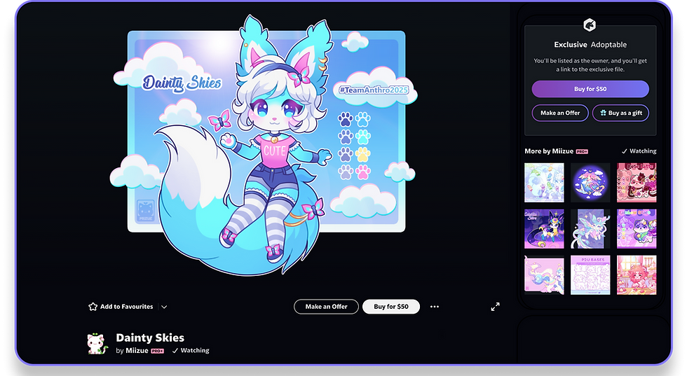 DeviantArt profile of online artist @Miizue offering an adoptable "Dainty Skies" anthro character design for sale online.