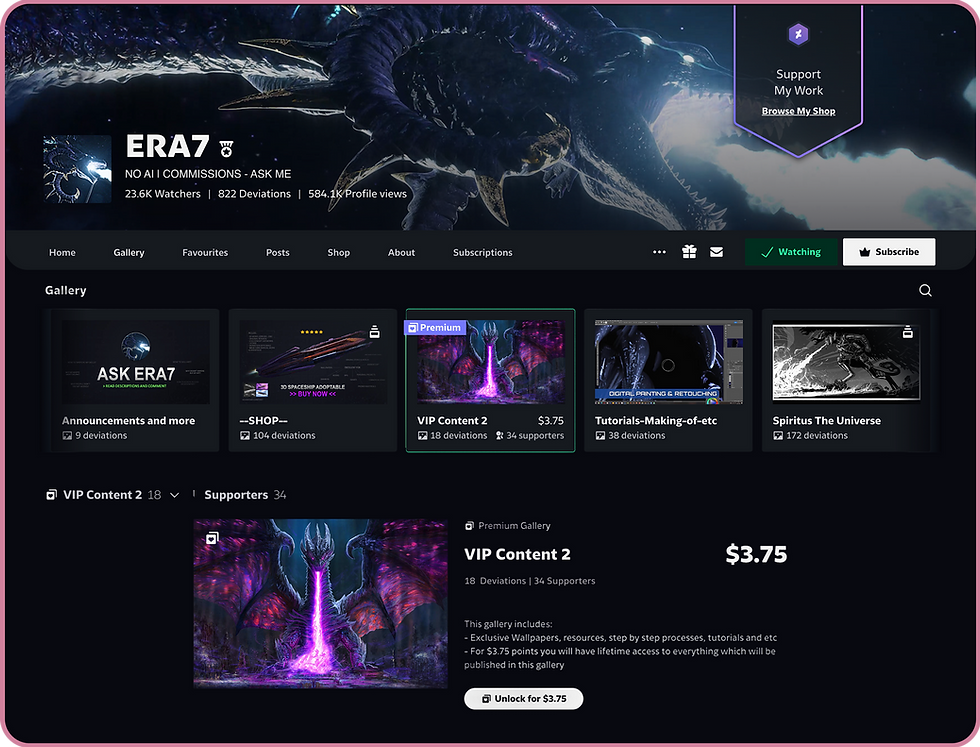 DeviantArt profile of online artist @ERA7 showcasing a digital Premium Gallery of artwork for sale, called VIP Content 2.