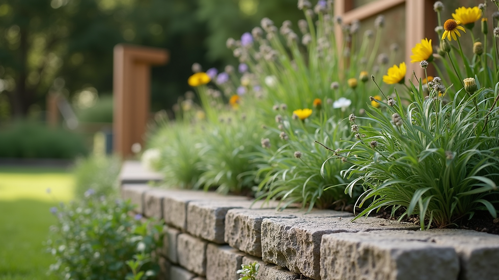 Close-up view of native plants and sustainable materials used in garden design