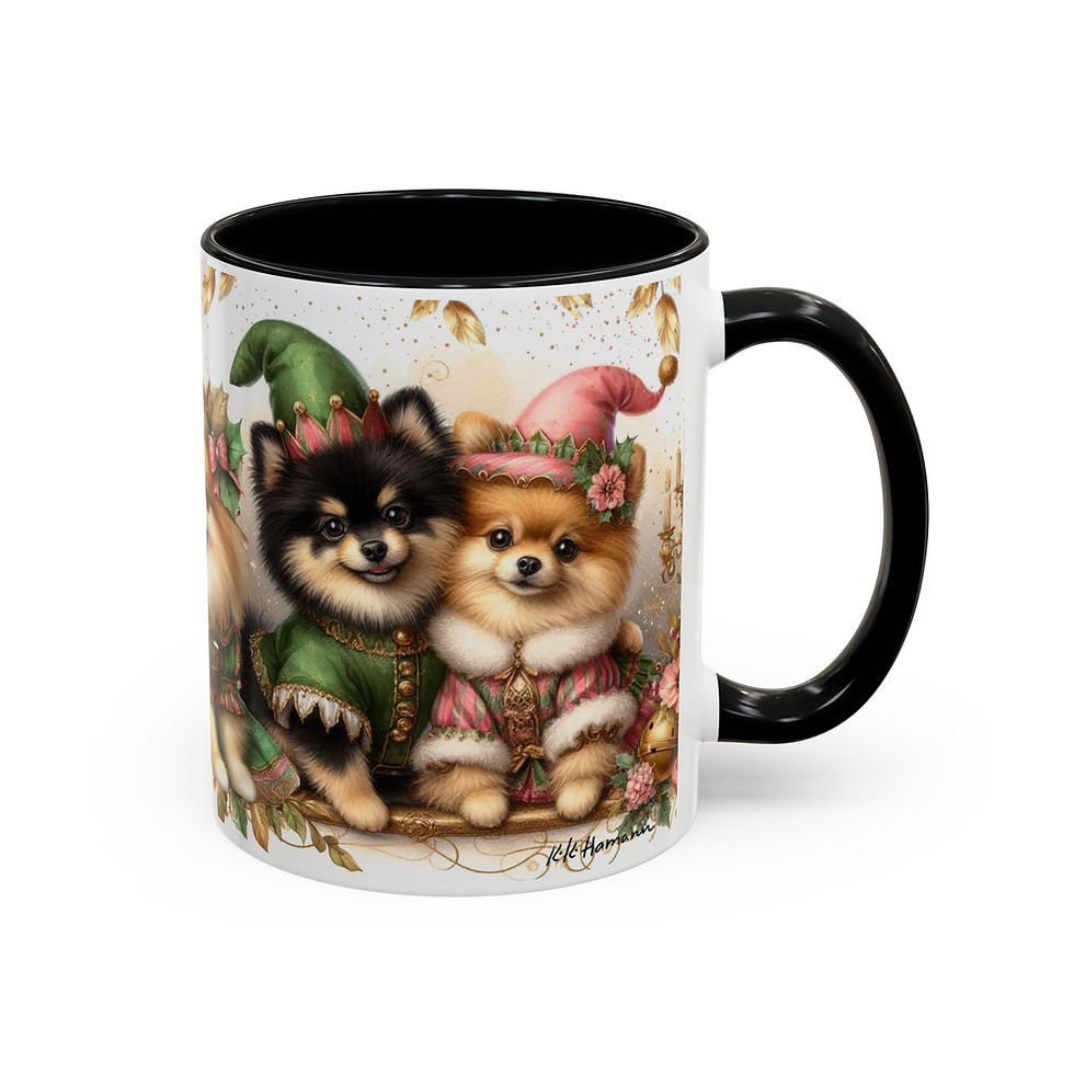 Thumbnail: Pomeranian (Black and Tan / Golden) "Elves" - Accent Coffee Mug 11 oz