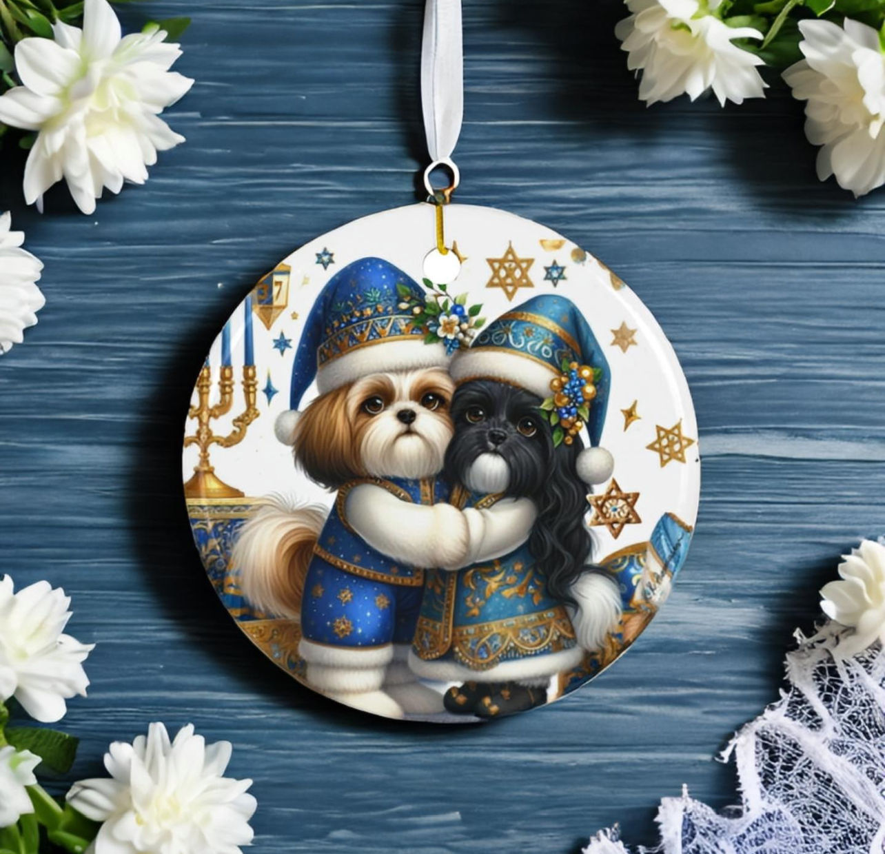 SihTzu Hanukkah  2 "Elves", ceramic circle ornament